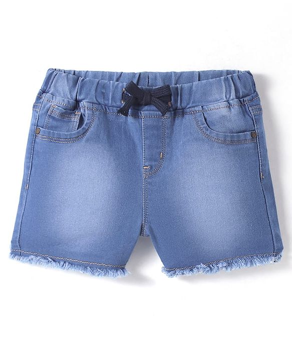 Pine Kids Knit Mid Thigh Washed Denim Shorts With Bow Applique - Blue