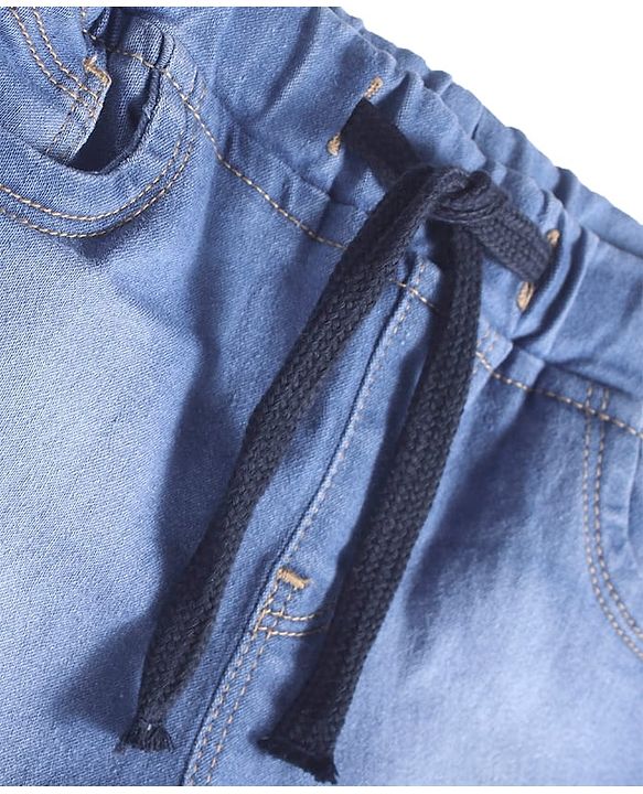 Pine Kids Knit Mid Thigh Washed Denim Shorts With Bow Applique - Blue