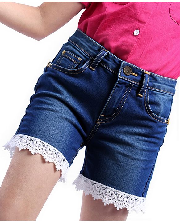 Pine Kids Mid Thigh Length Washed Denim Shorts with Lace Detailing - Blue
