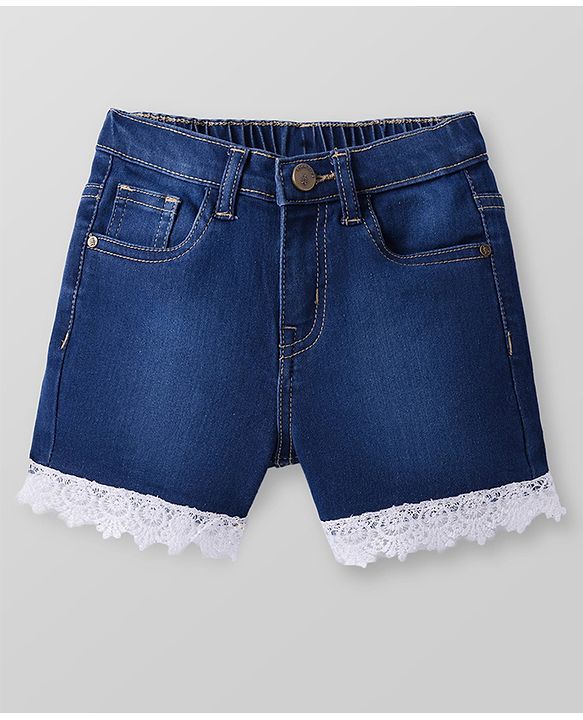 Pine Kids Mid Thigh Length Washed Denim Shorts with Lace Detailing - Blue