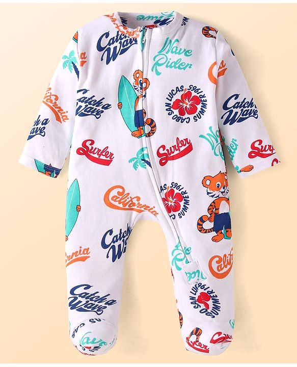 Babyhug Cotton Knit Full Sleeves Footed Sleep Suit With Text Print - White