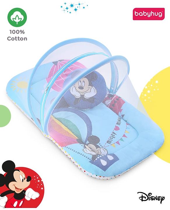 Babyhug Disney Gadda Set With Mosquito Net Smiley Mickey Face Print - Blue