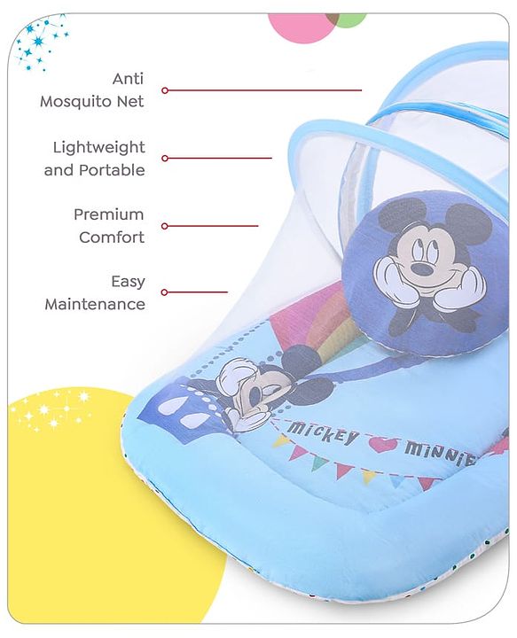 Babyhug Disney Gadda Set With Mosquito Net Smiley Mickey Face Print - Blue