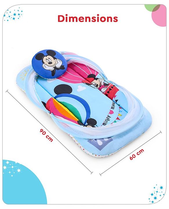 Babyhug Disney Gadda Set With Mosquito Net Smiley Mickey Face Print - Blue