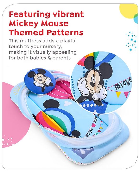 Babyhug Disney Gadda Set With Mosquito Net Smiley Mickey Face Print - Blue