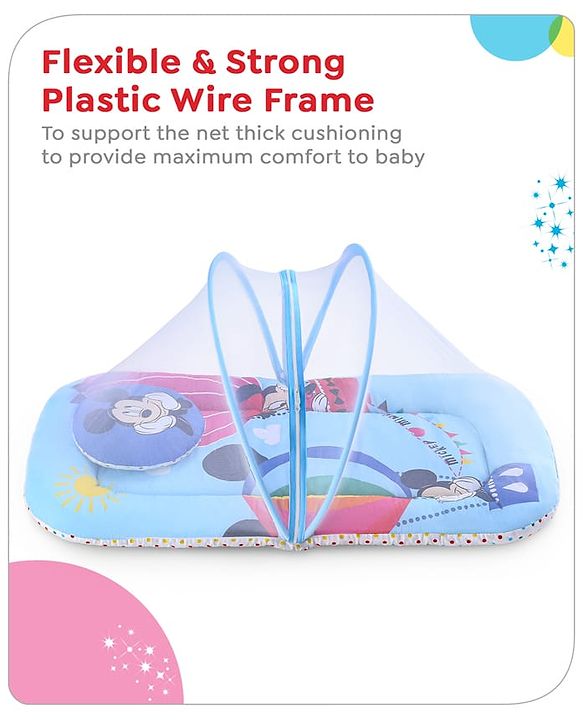 Babyhug Disney Gadda Set With Mosquito Net Smiley Mickey Face Print - Blue
