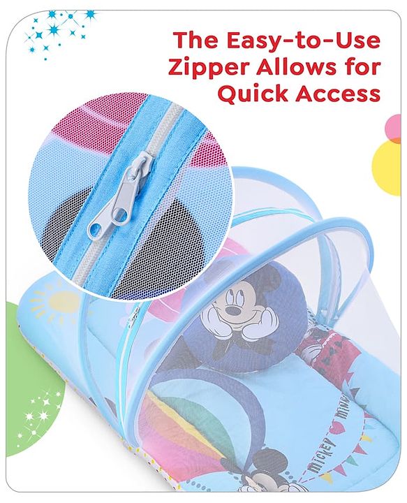 Babyhug Disney Gadda Set With Mosquito Net Smiley Mickey Face Print - Blue