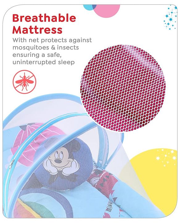Babyhug Disney Gadda Set With Mosquito Net Smiley Mickey Face Print - Blue