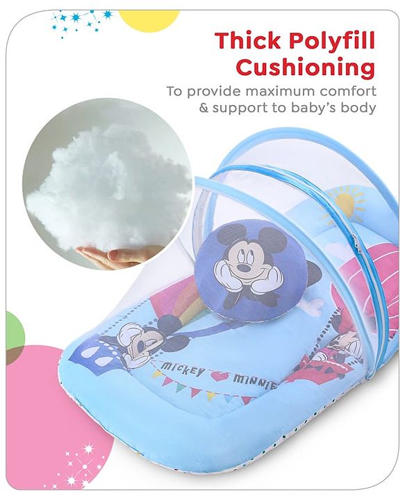 Babyhug Disney Gadda Set With Mosquito Net Smiley Mickey Face Print - Blue