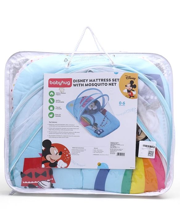 Babyhug Disney Gadda Set With Mosquito Net Smiley Mickey Face Print - Blue