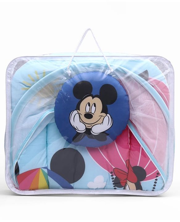 Babyhug Disney Gadda Set With Mosquito Net Smiley Mickey Face Print - Blue