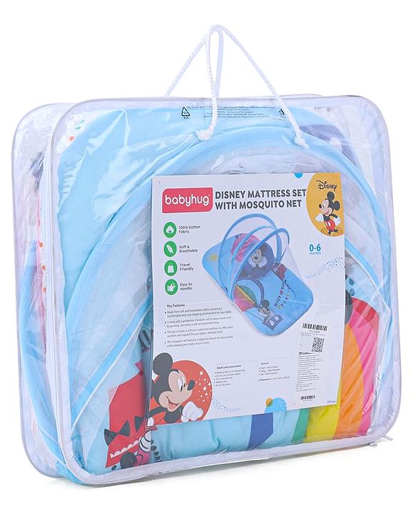 Babyhug Disney Gadda Set With Mosquito Net Smiley Mickey Face Print - Blue