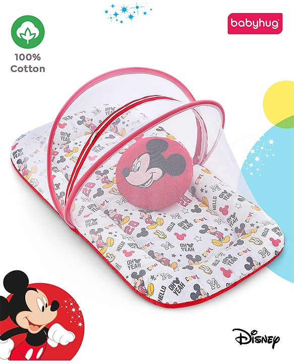 Babyhug Disney Gadda Set With Mosquito Net Smiley Mickey Face Print - Blue