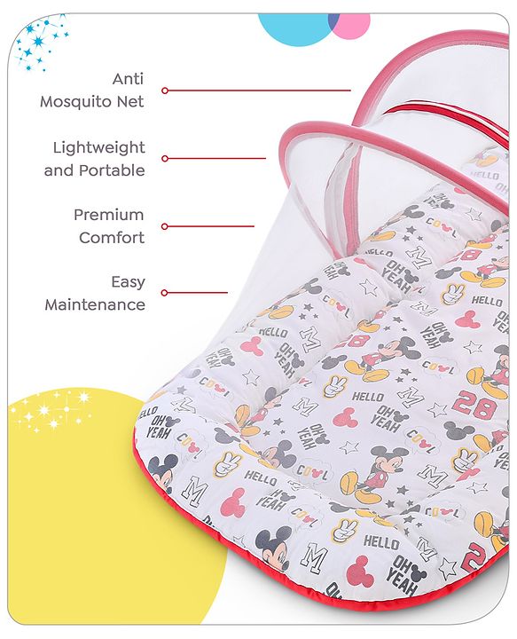 Babyhug Disney Gadda Set With Mosquito Net Smiley Mickey Face Print - Blue