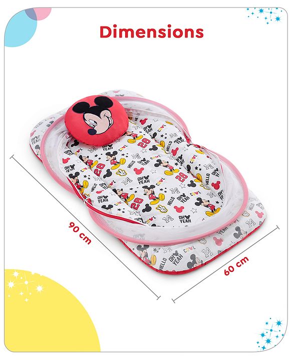 Babyhug Disney Gadda Set With Mosquito Net Smiley Mickey Face Print - Blue