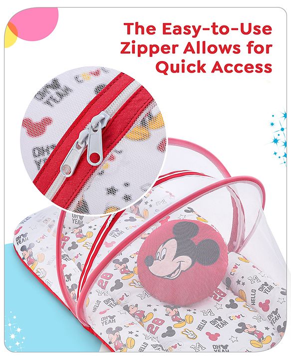 Babyhug Disney Gadda Set With Mosquito Net Smiley Mickey Face Print - Blue