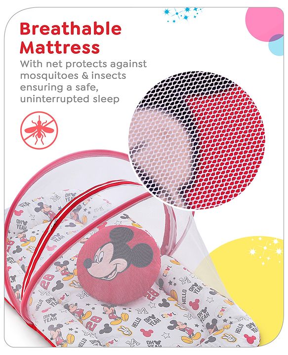 Babyhug Disney Gadda Set With Mosquito Net Smiley Mickey Face Print - Blue