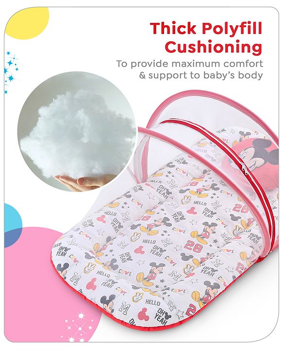 Babyhug Disney Gadda Set With Mosquito Net Smiley Mickey Face Print - Blue