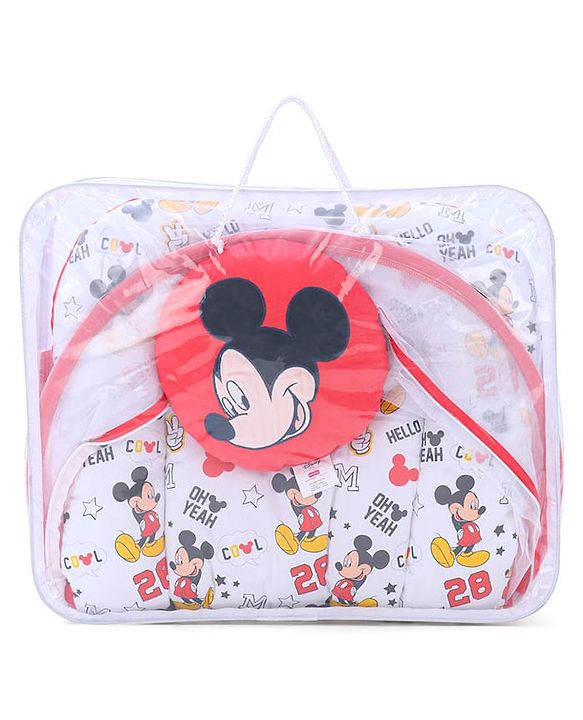 Babyhug Disney Gadda Set With Mosquito Net Smiley Mickey Face Print - Blue