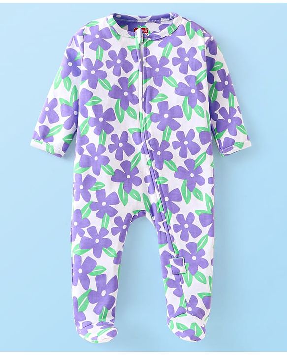 Babyhug Cotton Knit Full Sleeves Footed Sleepsuit with Floral Print - Lavender