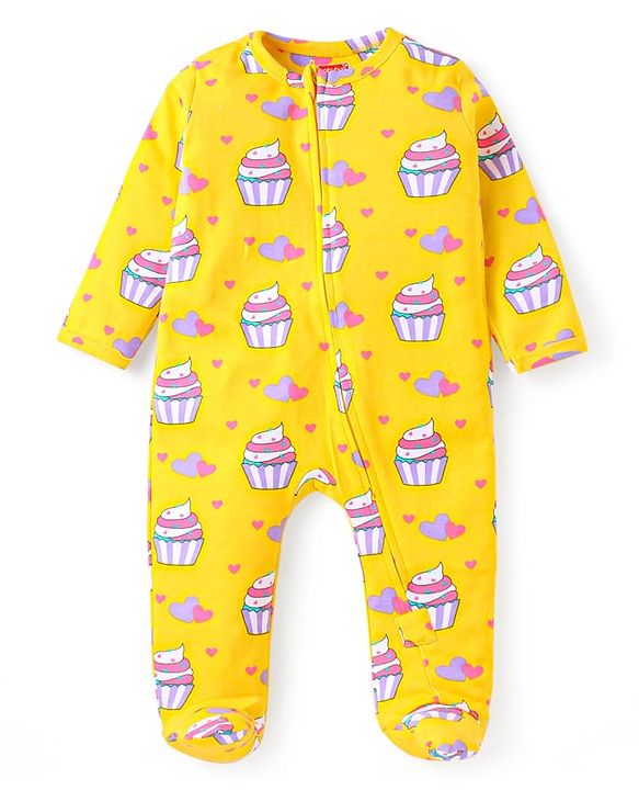 Babyhug Cotton Knit Full Sleeves Footed Sleep Suit With Cup Cake Print - Yellow