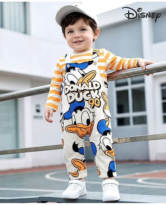 Babyhug Disney Single Jersey Knit Full Sleeves Stripeed Dungaree Style Romper with Donald Duck Print - White & Yellow