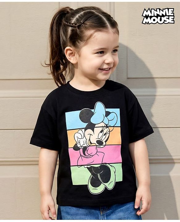 Babyhug Disney Single Jersey Knit Drop Shoulder Half Sleeves T-Shirt with Minnie Mouse Graphic - Black