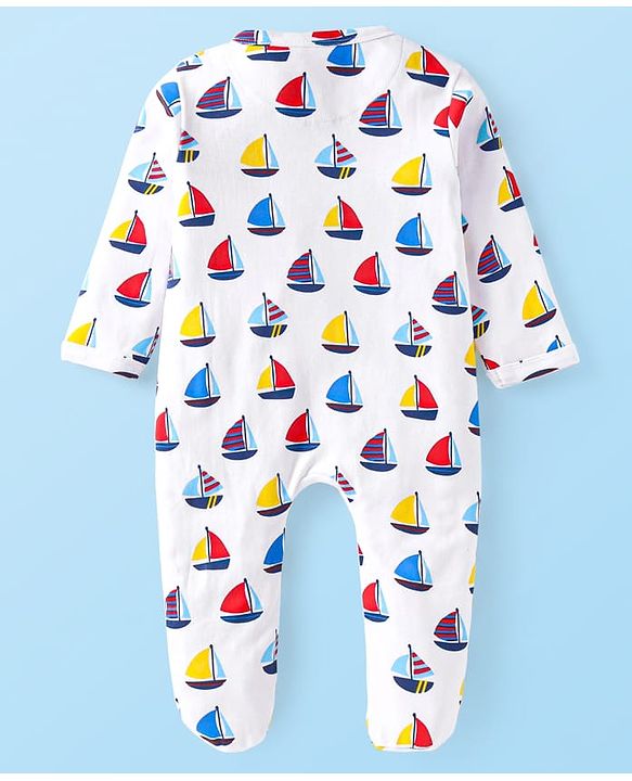 Babyhug Cotton Knit Full Sleeves Footed Sleepsuit with Sailboat Print - White