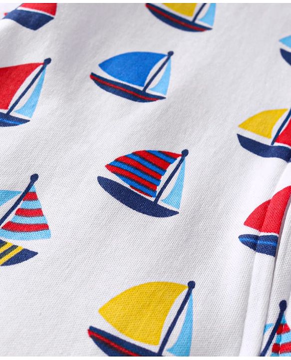 Babyhug Cotton Knit Full Sleeves Footed Sleepsuit with Sailboat Print - White