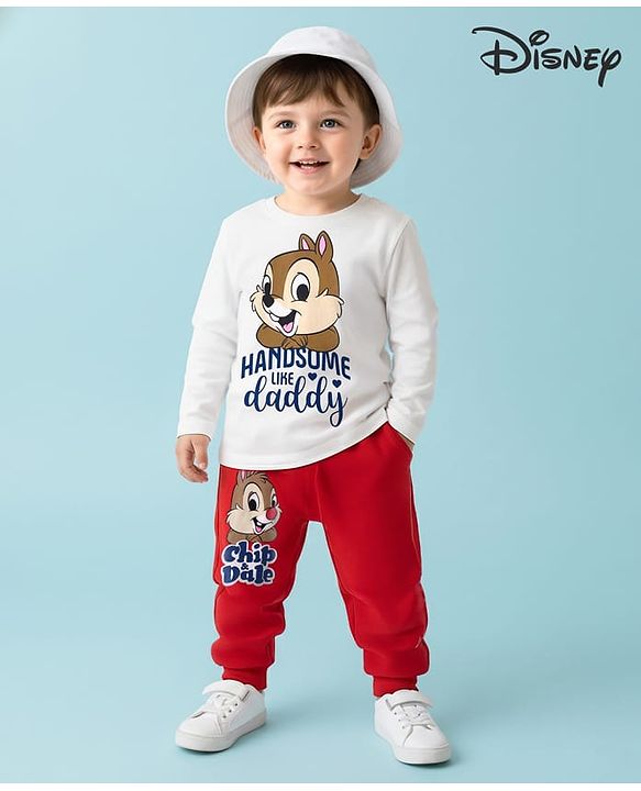 Babyhug Disney Single Jersey Knit Full Sleeves T-Shirt & Lounge Pant With Chip 'N' Dale Graphics - White & Red