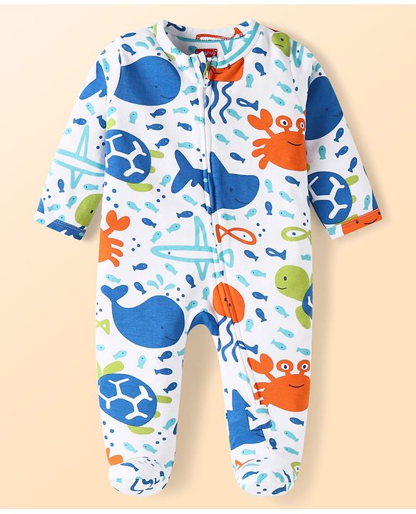 Babyhug Cotton Knit Full Sleeves Footed Sleep Suit With Fish Print - White & Blue
