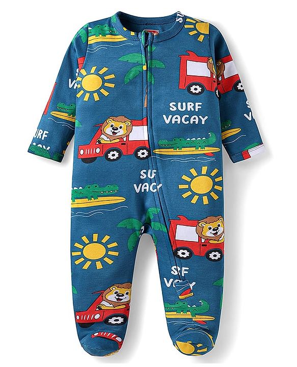 Babyhug Cotton Knit Full Sleeves Sleepsuit with Lion & Car Print - Blue