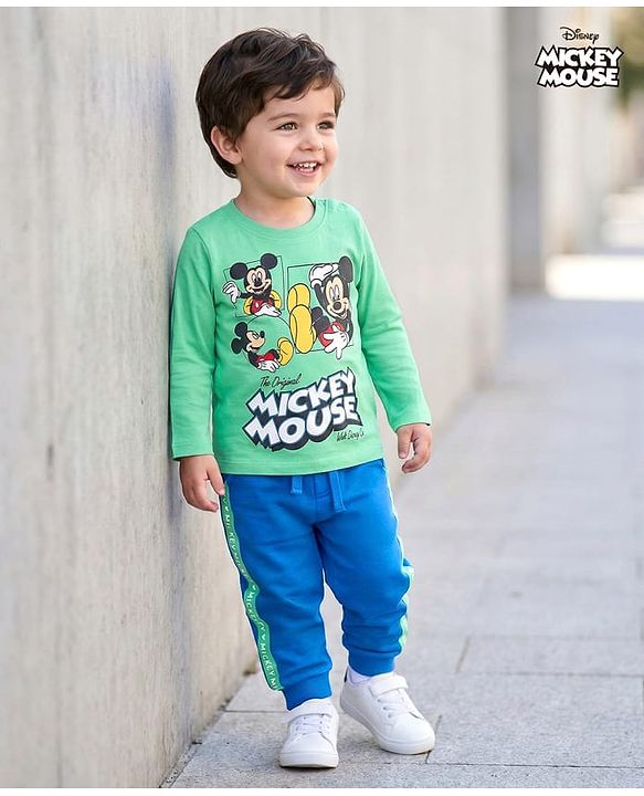 Babyhug Disney Single Jersey Knit Full Sleeves T-Shirt & Lounge Pant With Mickey Mouse Graphics - Light Green & Blue