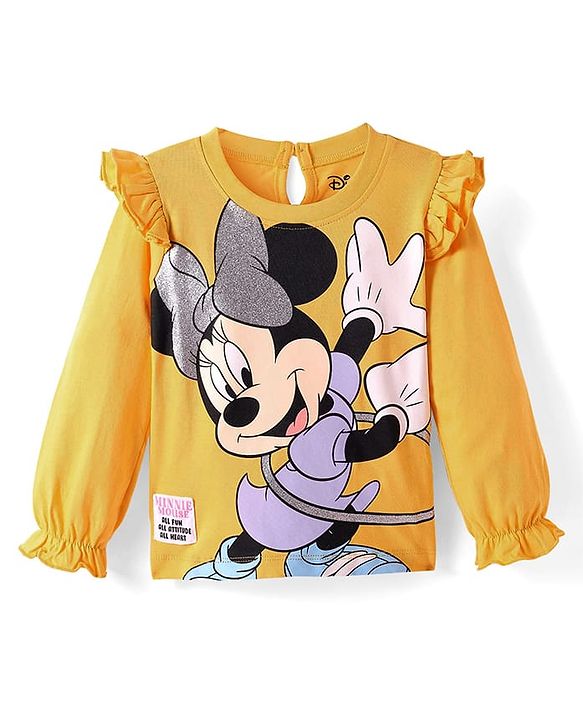Babyhug Disney Single Jersey Knit Full Sleeves Top With Minnie Mouse Graphics Badge & Frills Detailing - Yellow