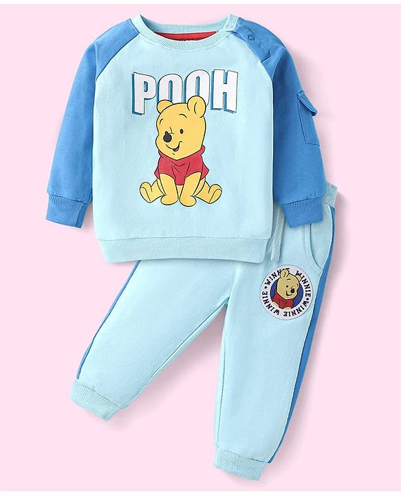 Babyhug Disney Terry Knit Full Raglan Sleeves T-Shirt & Cut & Sew Lounge Pant with Winnie the Pooh Graphics - Light Blue