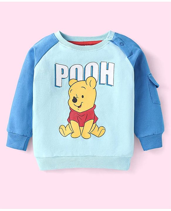 Babyhug Disney Terry Knit Full Raglan Sleeves T-Shirt & Cut & Sew Lounge Pant with Winnie the Pooh Graphics - Light Blue
