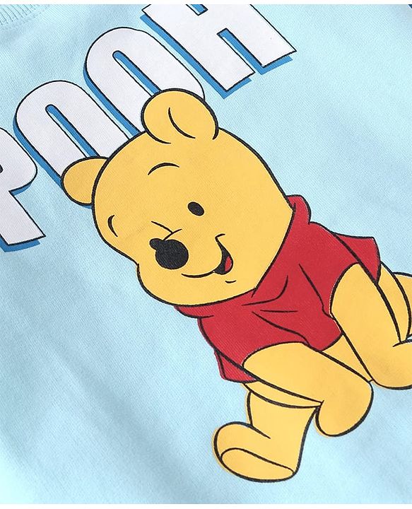 Babyhug Disney Terry Knit Full Raglan Sleeves T-Shirt & Cut & Sew Lounge Pant with Winnie the Pooh Graphics - Light Blue