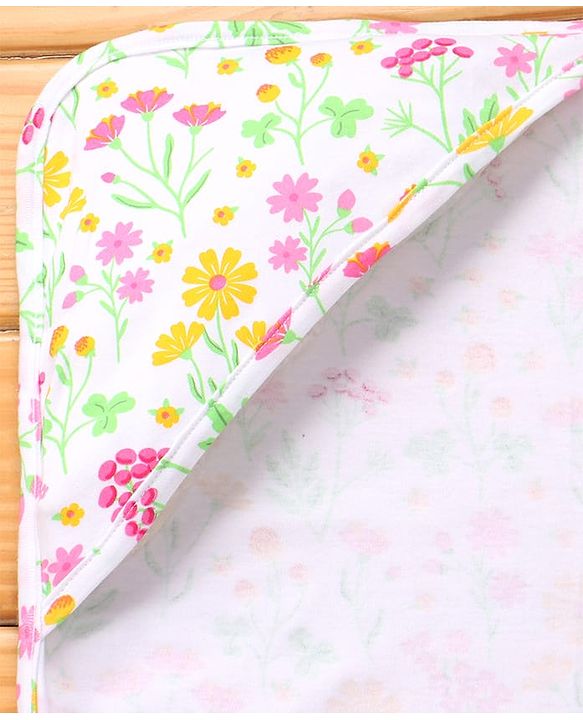 Babyhug Interlock Knit Hooded Towel With Floral Print L 30 x B 30 cm - White