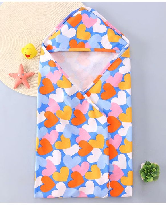 Babyhug Terry Knit Hooded Wrapper with Hearts Print L 76 x B 76 cm - Blue