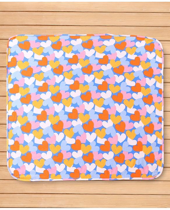 Babyhug Terry Knit Hooded Wrapper with Hearts Print L 76 x B 76 cm - Blue