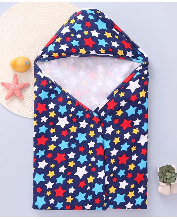 Babyhug Cotton Knit Hooded Wrapper with Star Print L 76.2 x B 76.2 cm - Navy Blue