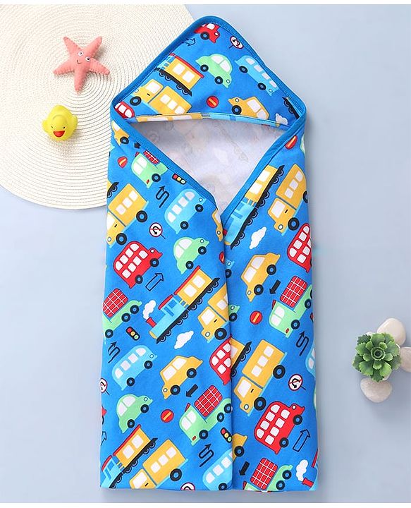 Babyhug Interlock Knit Hooded Towel With Vehicle Print L 30 x B 30 cm - Blue