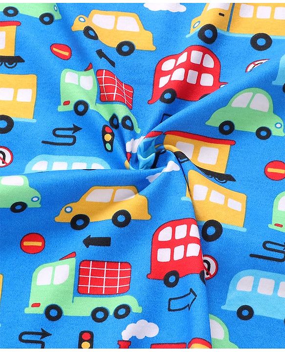 Babyhug Interlock Knit Hooded Towel With Vehicle Print L 30 x B 30 cm - Blue