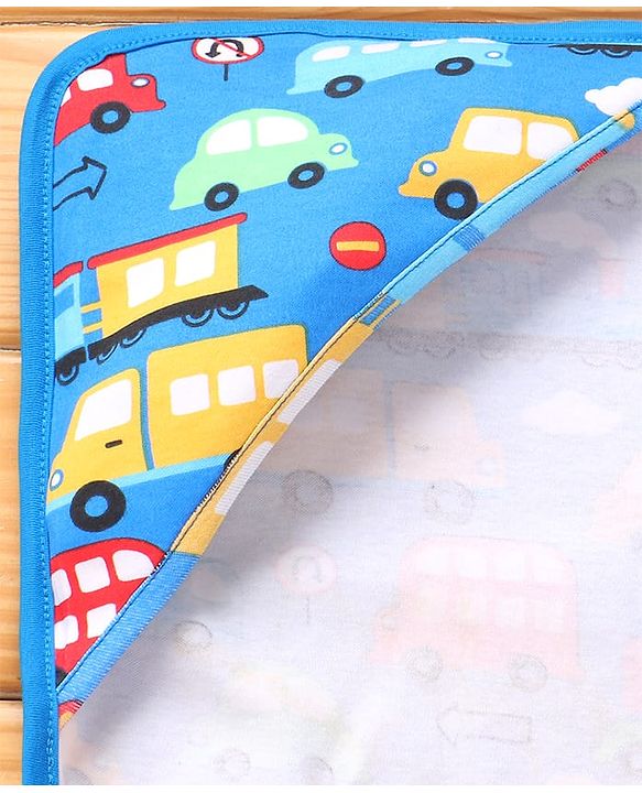 Babyhug Interlock Knit Hooded Towel With Vehicle Print L 30 x B 30 cm - Blue