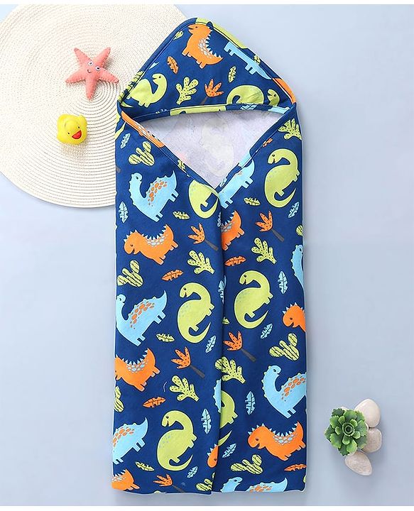 Babyhug Interlock Knit Hooded Towel With Dino Print L 30 x B 30 cm - Navy Blue
