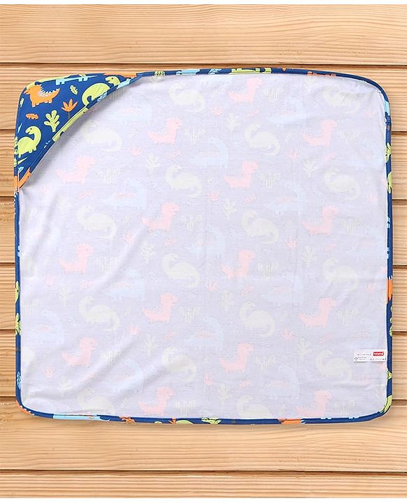 Babyhug Interlock Knit Hooded Towel With Dino Print L 30 x B 30 cm - Navy Blue