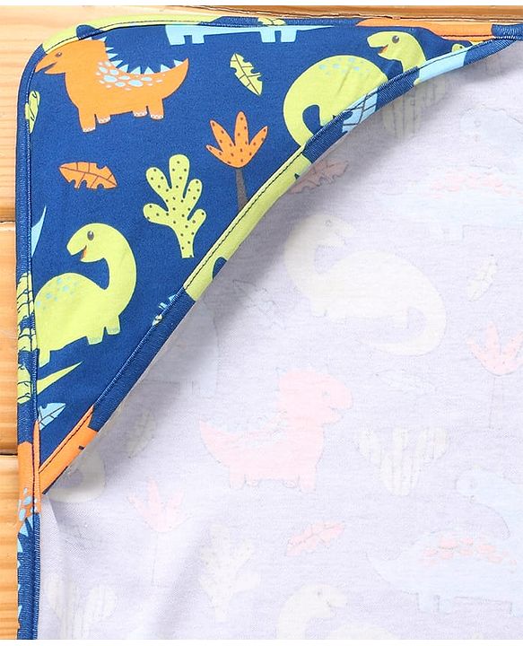Babyhug Interlock Knit Hooded Towel With Dino Print L 30 x B 30 cm - Navy Blue