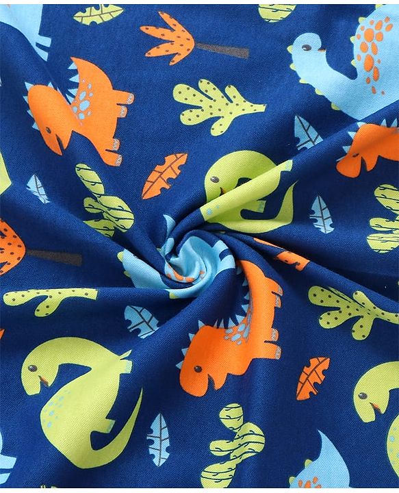 Babyhug Interlock Knit Hooded Towel With Dino Print L 30 x B 30 cm - Navy Blue