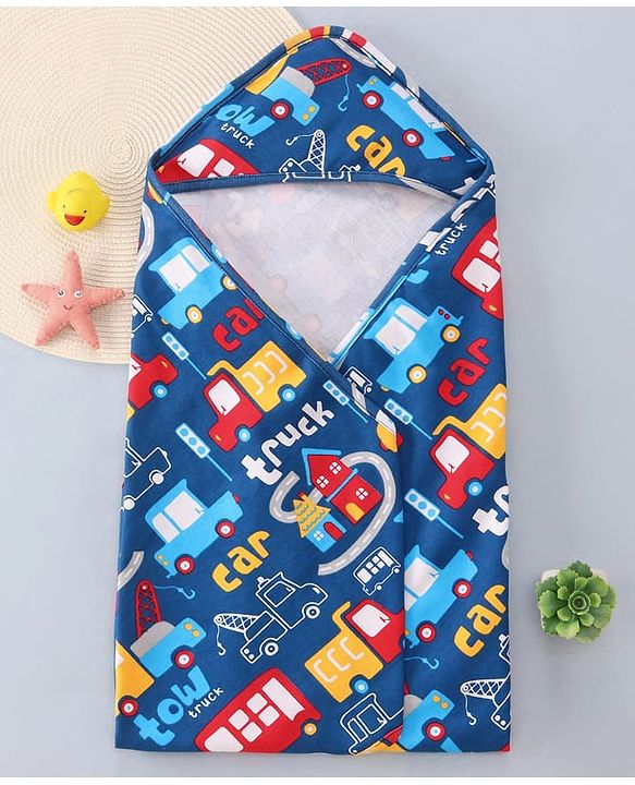 Babyhug Cotton Knit Hooded Wrapper with Vehicle Print L 76 x B 76 cm - Navy Blue