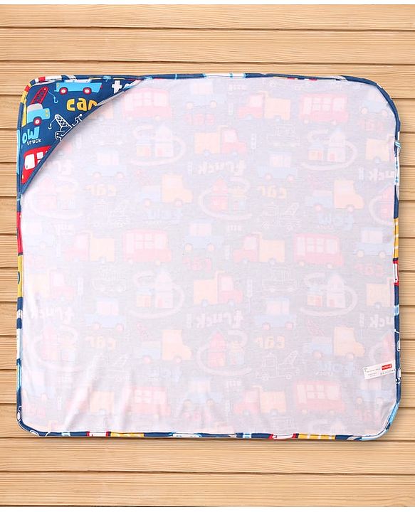 Babyhug Cotton Knit Hooded Wrapper with Vehicle Print L 76 x B 76 cm - Navy Blue